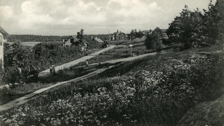 Fotot taget omkring 1910 visar Bolkavägen mot söder med den nyanlagda Idrottsbacken som tar av mot höger och idrottsplatsen (som invigdes 1908). 